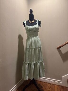 Trixxi Light Sage Green Tie-Shoulder Tiered Maxi Dress